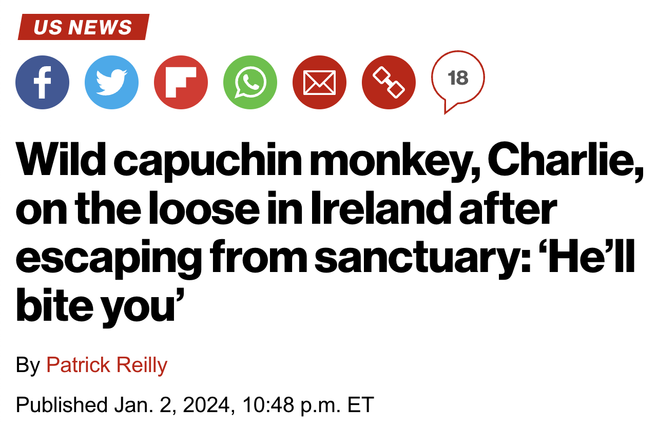 circle - Us News f 00 18 Wild capuchin monkey, Charlie, on the loose in Ireland after escaping from sanctuary 'He'll bite you' By Patrick Reilly Published Jan. 2, 2024, p.m. Et